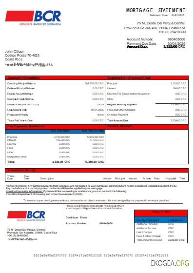 Costa Rica Relevé hypothécaire bancaire de la Banque du Costa Rica scr